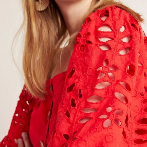 Anthropologie Maeve Red Button-Up Eyelet Top. - Picture 5 of 7
